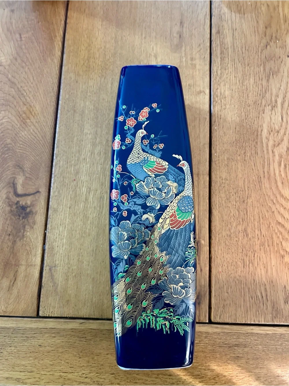Bintage Blue Hand Painted Peacock-Accent Ceramic Vase (Set of 3)